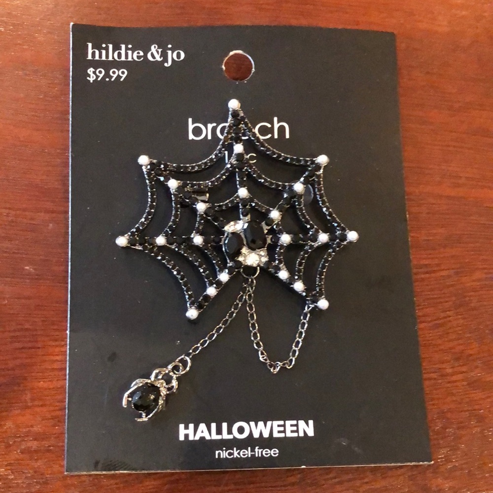 Hildie & Jo Dangle Spider w/Web Brooch in Black and Pearl Replicant Rhinestones